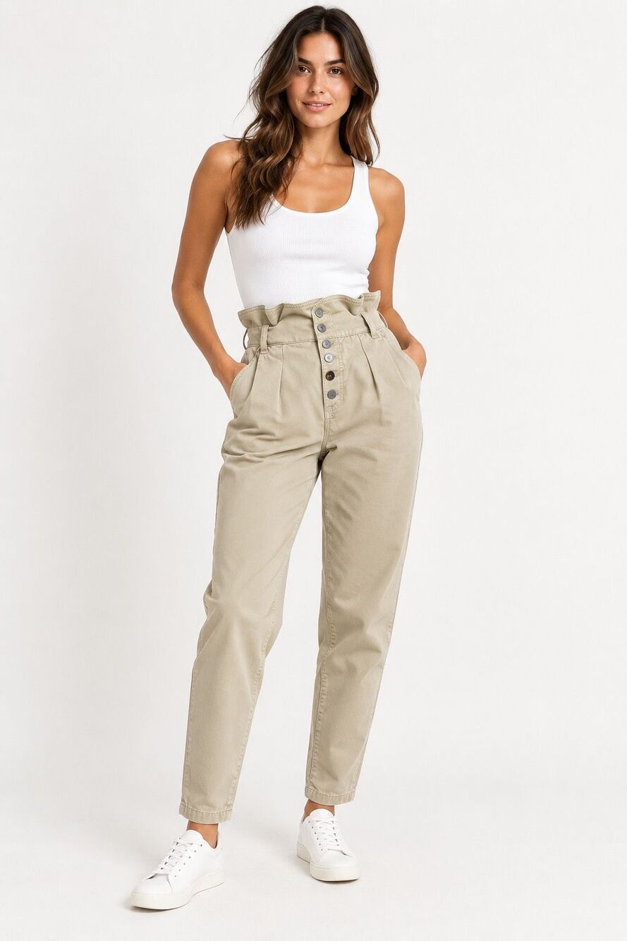 Sézane Beige Paperbag High Rise Button Fly Cotton Trousers Pants FR 36 US 4